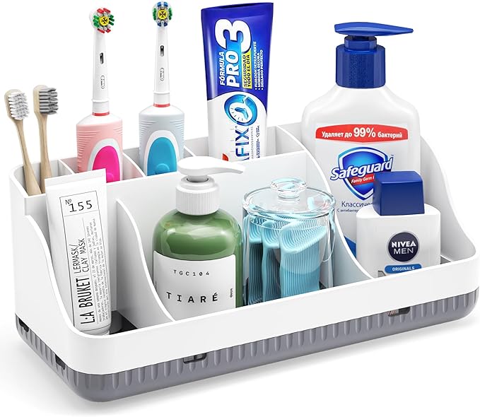 Bathroom Counter Organizer and Storage, 7 Slots Detachable Toothbrush Holders for Bathrooms, Anti-Slip Electric Toothbrush and Toothpaste Holder Countertop Vanity Organizer Accessories for Adults Kids