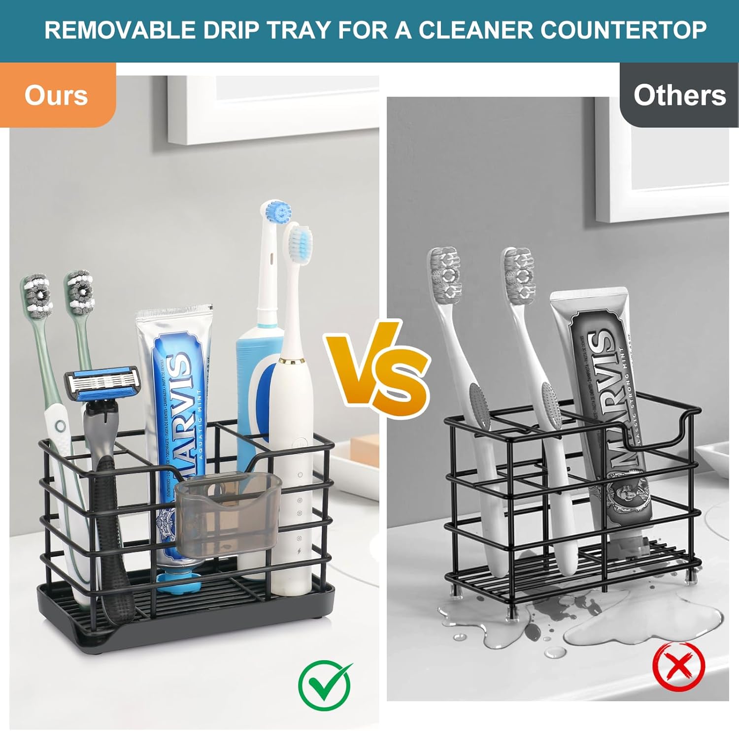 Toothbrush Holders for Bathrooms, Stainless Steel Bathroom Toothbrush Holder Kids Electric Tooth Brush Holder and Toothpaste Holder for Bathroom Accessories Organizer with Tray, Multi-Slots (Large)