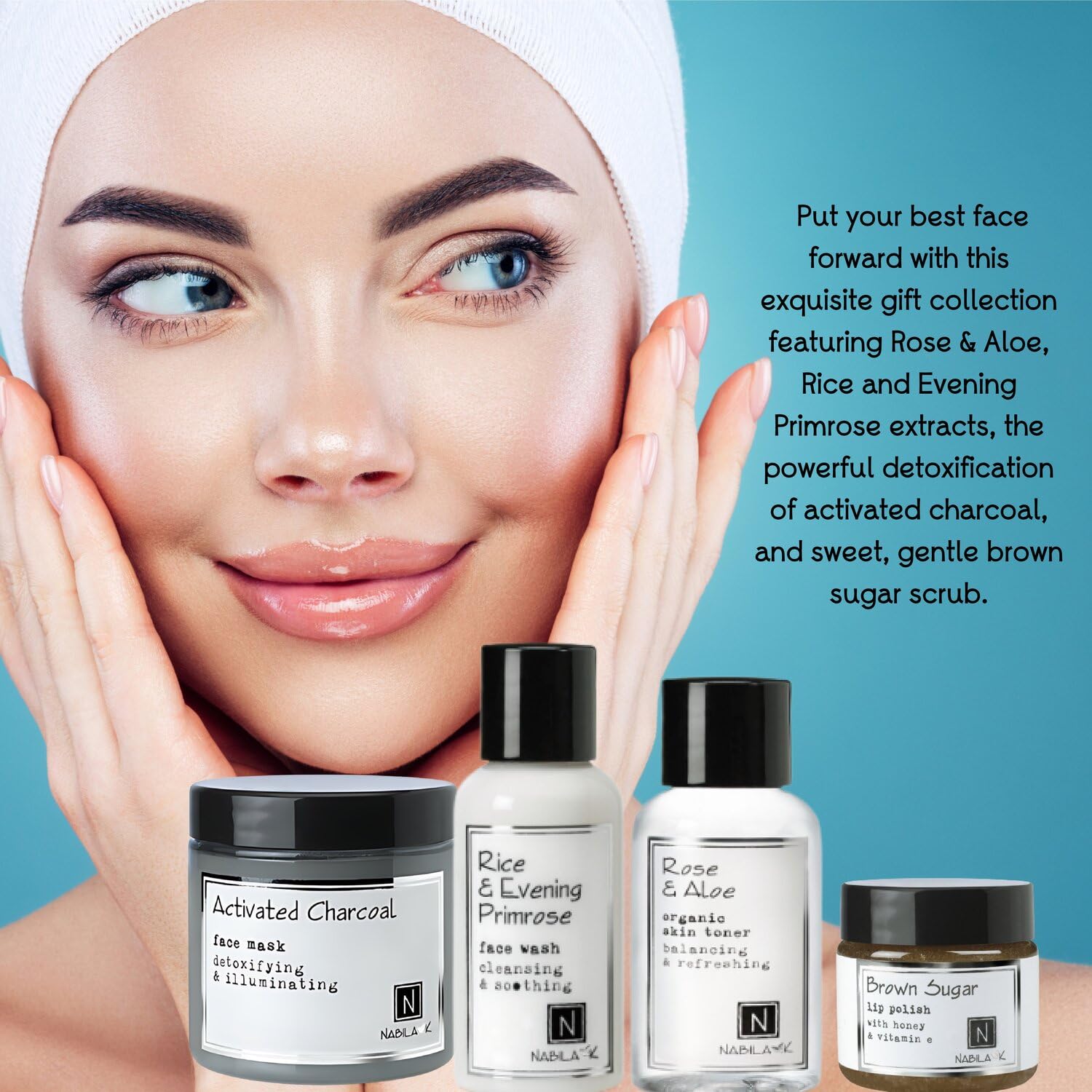 Nabila K Repair & Care Gift Set – Includes Rice & Evening Primrose Face Wash, Rose & Aloe Toner, Charcoal Mask & Brown Sugar Lip Polish – Luxury Skincare Kit for Women & Men – Ready-to-Gift Spa Box
