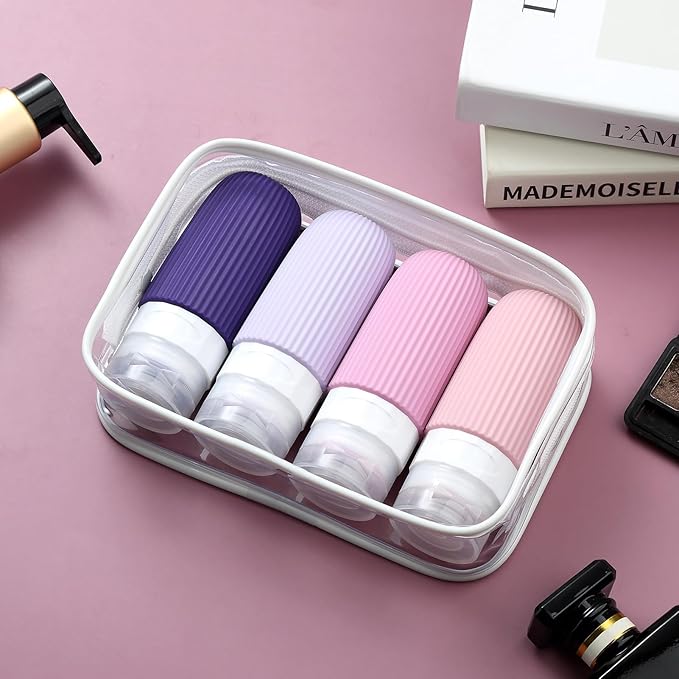 Travel Bottles for Toiletries, Tsa Approved 2oz Travel Bottles, BPA Free Leak Proof Travel Size Toiletry Containers, Refillable Travel Accessories with Toiletry Bag for Shampoo Liquid (4 Pack)