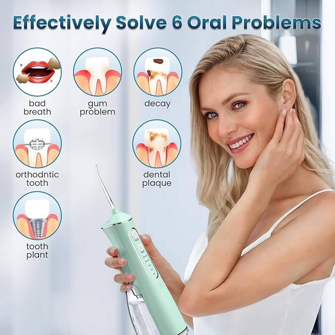 Water Flosser for Teeth Cleaning, 300ML Portable Cordless Oral Irrigator with DIY Strength, 4 Modes, IPX7 Waterproof & 30-Day Battery, 2-Min Smart Timer for Home/Travel Dental Care, Green