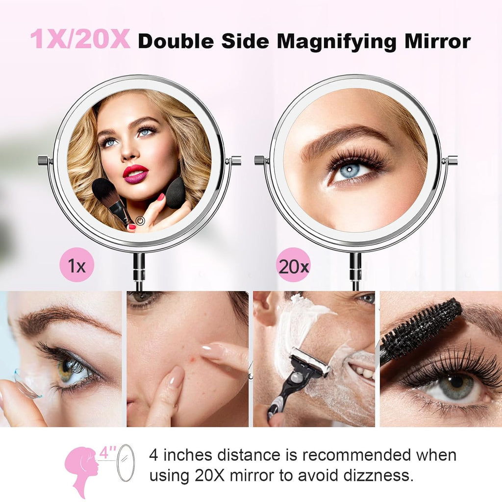 Rechargeable Wall Mounted Makeup Mirror - 8 Inch Double Sided 1X/20X Magnifying Mirror with 3 Color Lights Dimmable Touch Screen, 360°Swivel 19.6 Inch Extendable Accordion Bathroom Mirror