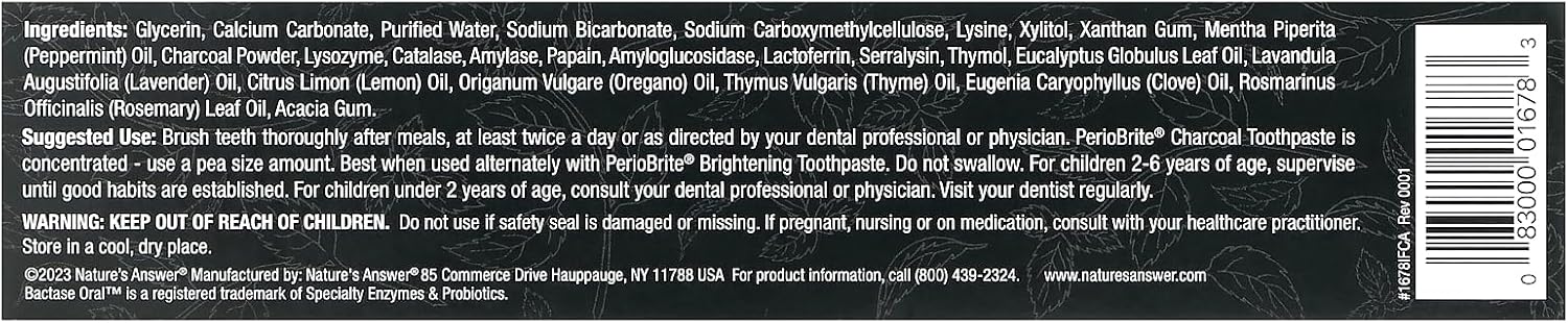 Nature's Answer Periobrite Activated Charcoal Toothpaste | Tooth Whitening, Plaque Removing, Peppermint Flavored Stain Remover | Flouride-Free, Gluten-Free, No Preservatives & Vegan 4oz
