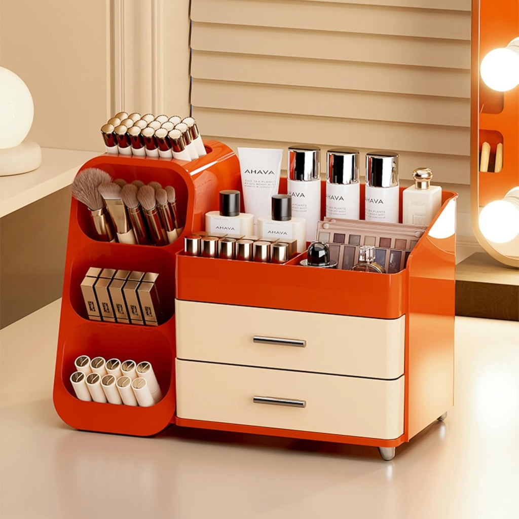 Makeup Organizer with Drawers,Large Capacity Countertop Organizer for Vanity,Bathroom and Bedroom Desk Cosmetics Organizer,Easy To Storage Skincare,Brushes,Lotions,Lipstick (Red and Cream)