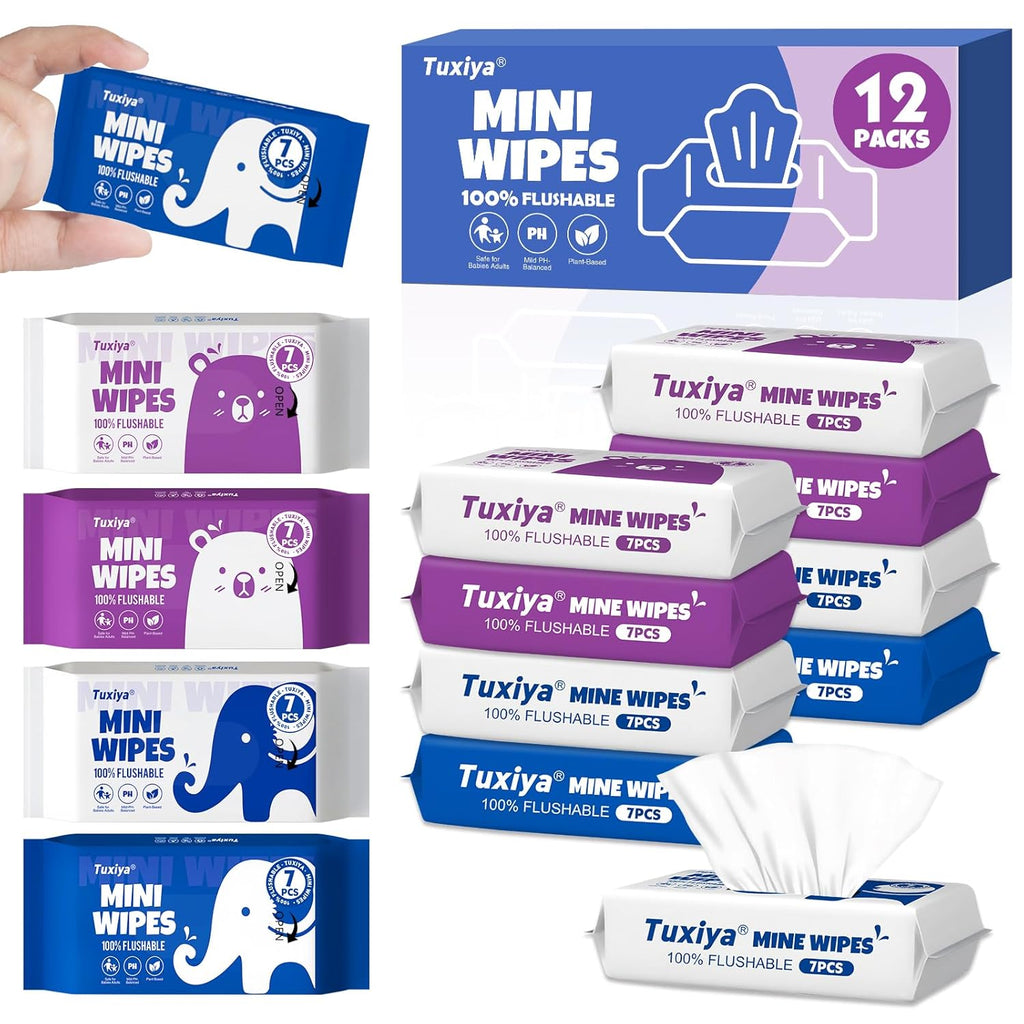 12 PackTravel Flushable Wipes with Aloe & Vitamin E,Impossibly Compact 7 Wipe Per Pack Mini Travel Adult Wet Wipe,Hypoallergenic & Fragrance-Free Skin-Friendly Flushable Wet Wipe(84 Total Wipes)
