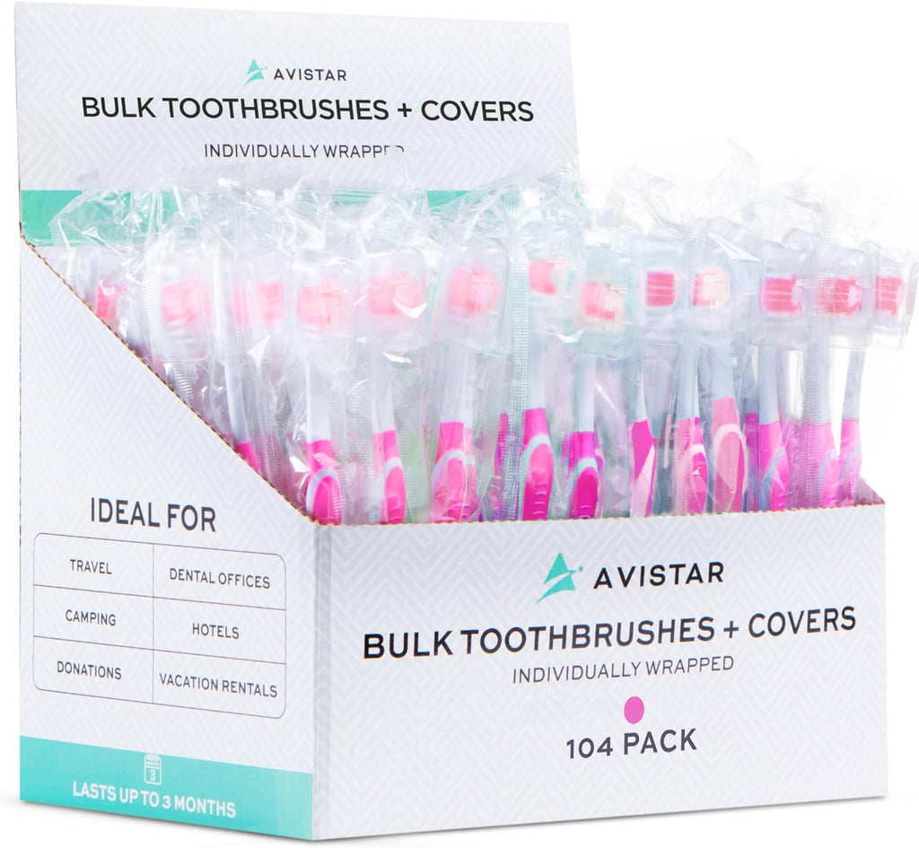 104 Pack Bulk Toothbrushes w/Cover Caps, Individually Wrapped Disposable Travel Toothbrush, Value Size, Long Lasting 3+ Months, Med-Soft Manual Teeth Brush Bristles - Pink