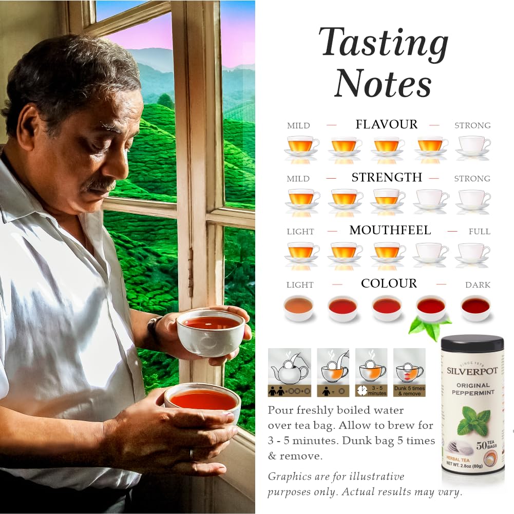 Silverpot Original Peppermint Tea Bags - 50 Round Bags | Natural, Refreshing Mint | Caffeine Free, Herbal | Reusable Tin