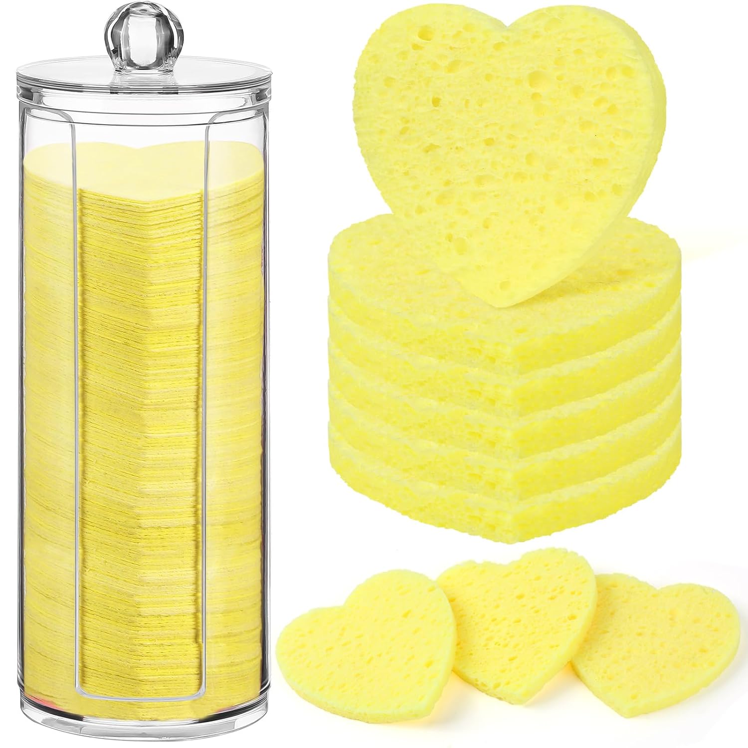 Sieral 120 Pcs Compressed Facial Sponges with Container Disposable Face Sponge Pads for Washing Face Cleansing Exfoliating Esthetician Makeup Removal(Heart,Lemon Yellow)