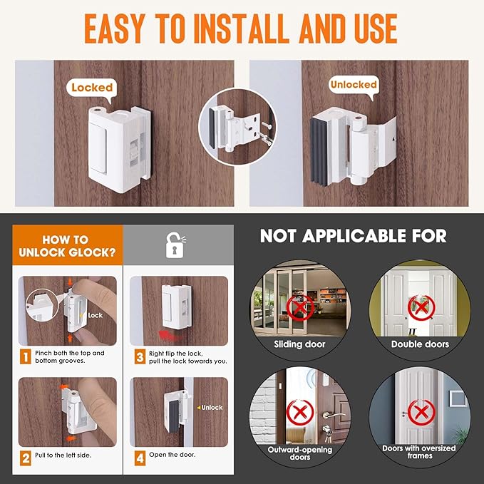 Home Security Door Reinforcement Lock - 800lbs Force Child Proof Flip Lock, Anti-Kick Portable Door Lock for Apartments & Travel, Extra Safety for Inward Swinging Doors from Inside (White-1set)