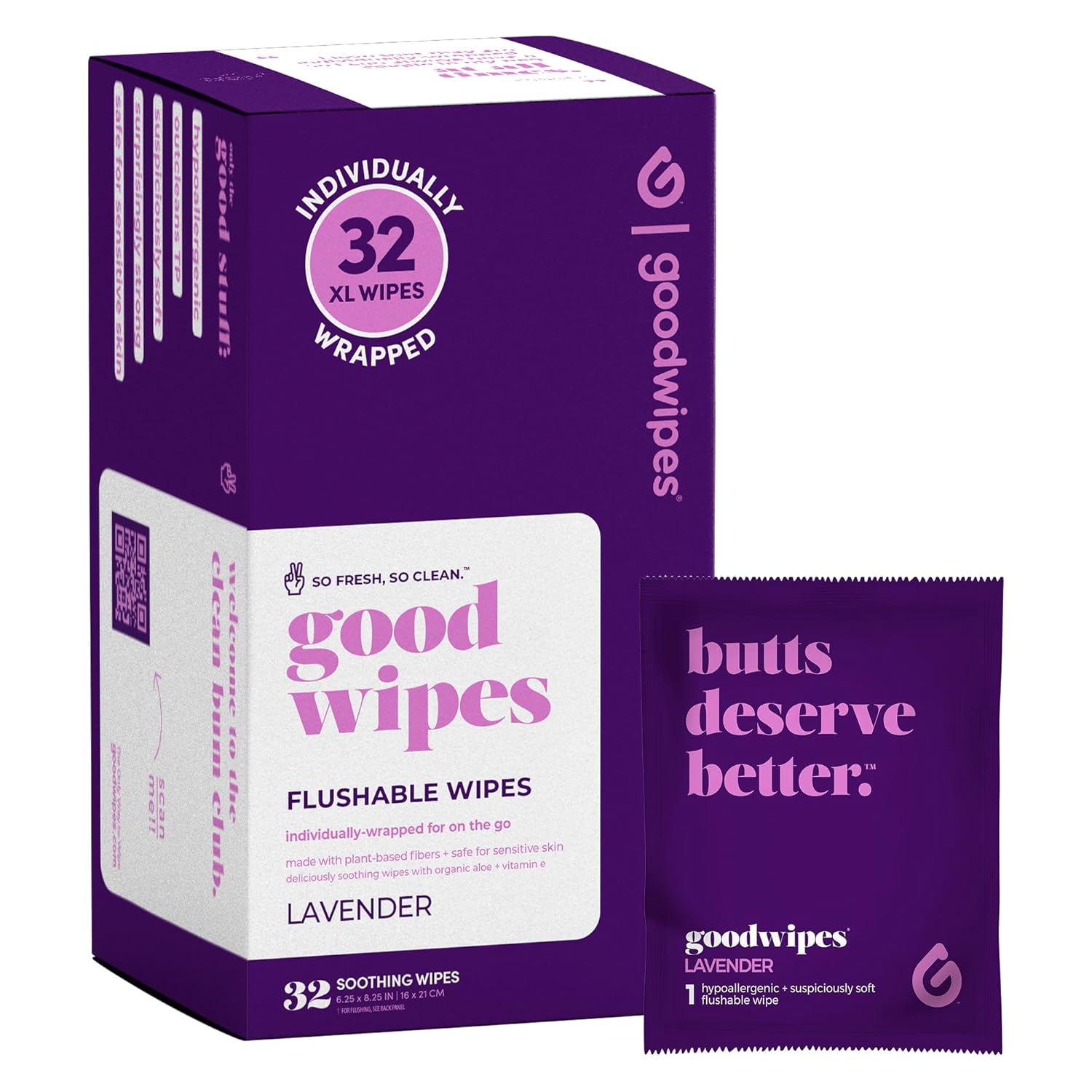 goodwipes Flushable Wipes - Individually Wrapped Butt Wipe for On-the-Go Adults - Portable Mini Wipes - Travel Essentials - Sewer & Septic Safe - Lavender, 32 Count (1 Pack)