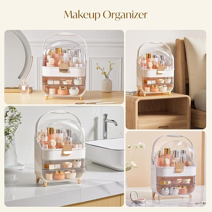 Makeup Organizers, Make Up Organizer for Vanity, Countertop Cosmetic Storage with Drawers and Transparent Cover for Bedroom Bathroom, Pearl White