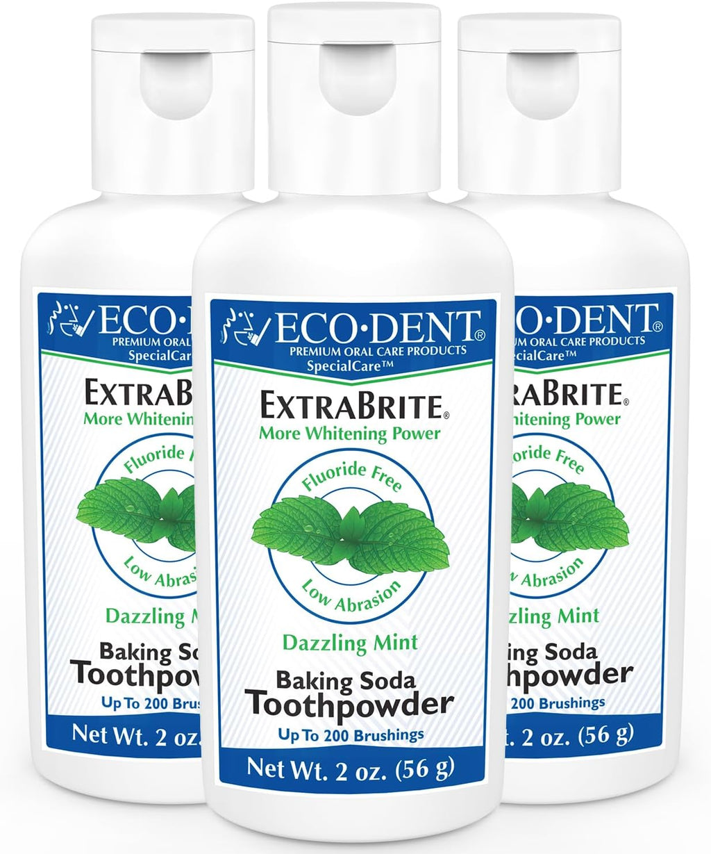 Eco-Dent ExtraBrite Baking Soda Toothpowder, Mint - Fluoride-Free Toothpaste Powder, SLS-Free Tooth Powder with Oxidizing Calcium Peroxide, Whitening Toothpaste Alternative, 2 Oz Ea (Pack of 3)