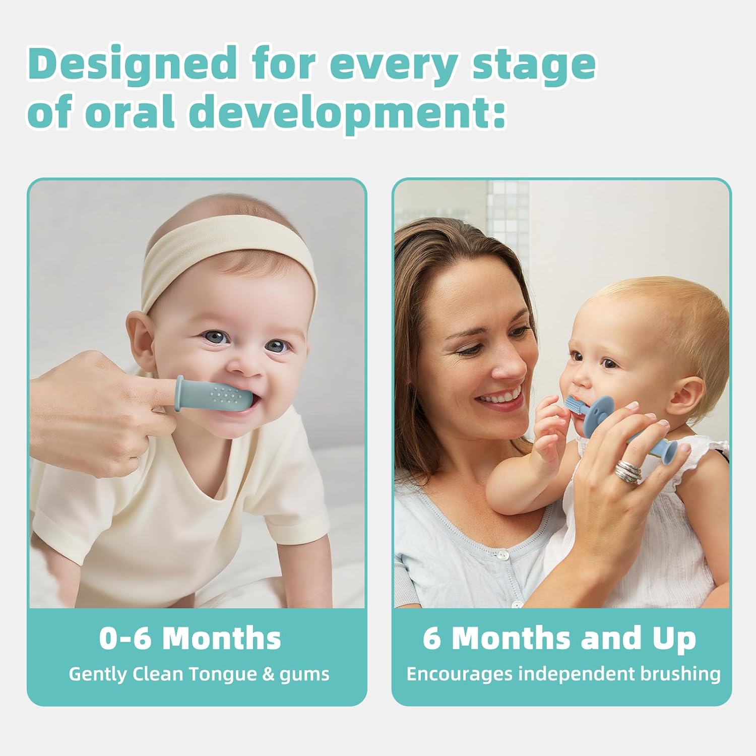 BumbleBee 360° Silicone Toothbrush & Finger Toothbrush Set - Soft Silicone Toothbrush for Baby, Infant Toddler - Baby Training Toothbrush Set Oral Care Kit - Misty Blue