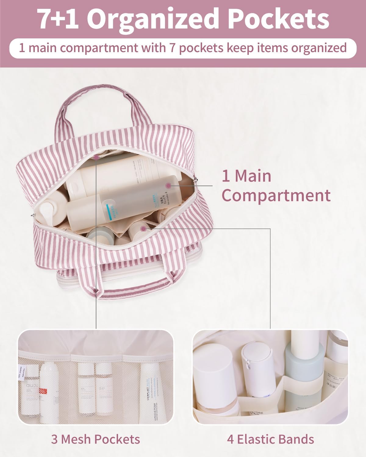 Narwey Large Travel Toiletry Bag for Traveling Women, Cosmetic Makeup Bag Make Up Organizer, Striped Travel Bag for Toiletries with Handle (Dusty Rose Stripe)