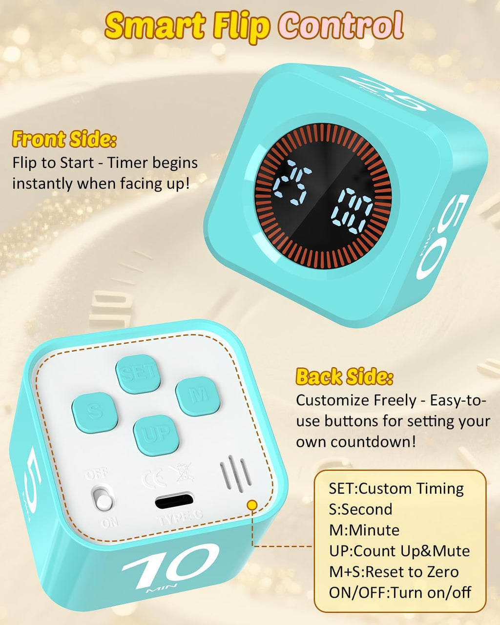 Pomodoro Timer Cube Visual Productivity Flip Timer for Kids Classroom Desk, 5/10/25/50min&Custom Countdown, Silent&Sound Mode Digital Cube for ADHD Study Work School Game Kitchen (Mint Green)