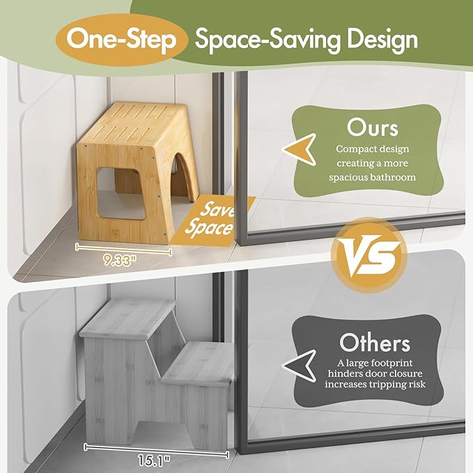 AmazerBath Toilet Stool for Toddler Potty Training, 3-in-1 Sturdy Bamboo One Step Squat Poop Foot Stool, Non-Slip Baby & Kids Potty Step Stool for Bathroom Sink, Kitchen Counter, Bedroom, Closet, 9"