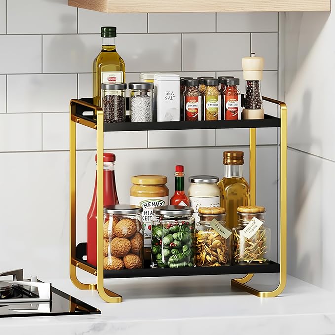 2-Tier Black and Gold Carbon Steel Bathroom Counter Organizer - Skincare Cosmetic Display Tray for Perfume, Makeup, Bathroom, and Vanity Storage - Modern Countertop Organizer and Vanity Decor