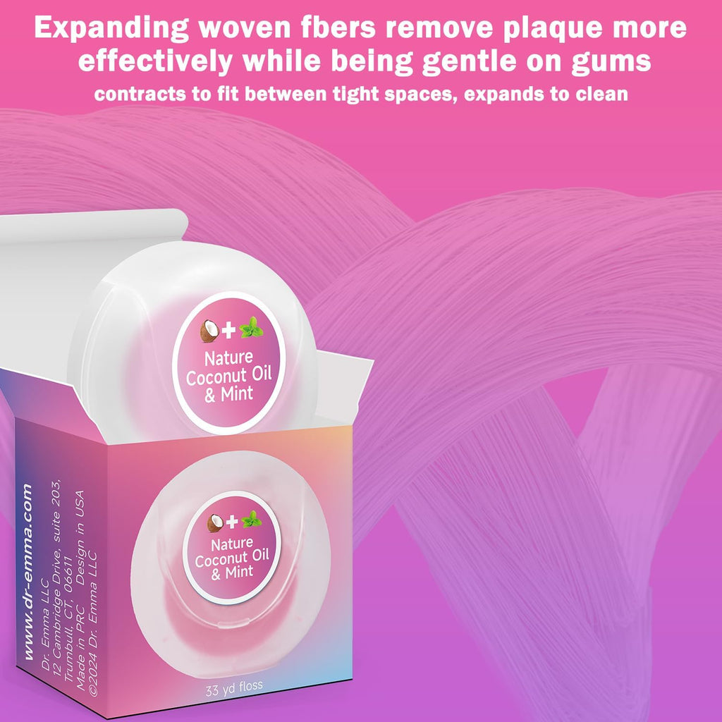 Dr. Emma Woven Dental Floss Coconut Oil Infused Expanding Dental Floss, Oral Care Stretchable Floss, Mint 33yd Pink, Pack of 2