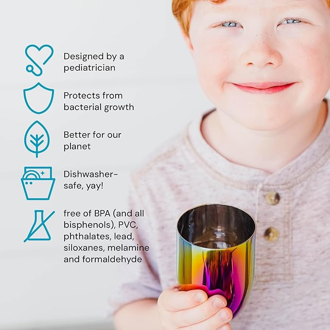 Ahimsa Stainless Steel Kids Cup, Pediatrician Designed, Colorful Toddler Cups for Open Cup Training, 8oz, 100% BPA Free & Dishwasher Safe, Single Rainbow