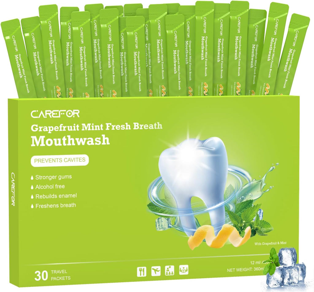 Travel Size Mouthwash Packets – Individual Mini, Alcohol & Fluoride Free, Grapefruit Mint Flavor, Mouthwash to Go for On-The-Go Freshness, Bulk Packets 0.41 Fl Oz
