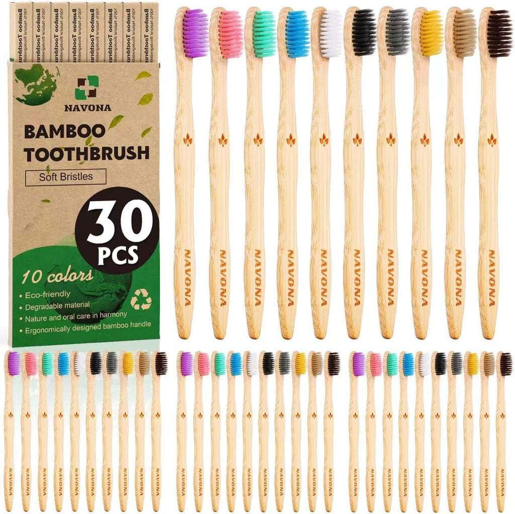 Navona 30 PCS Bamboo Toothbrushes, BPA Free Soft Bristles Toothbrush for Adults, Box of Two Kids Bamboo Toothbrushes Pack, Eco-Friendly Natural Wooden Toothbrush Bulk