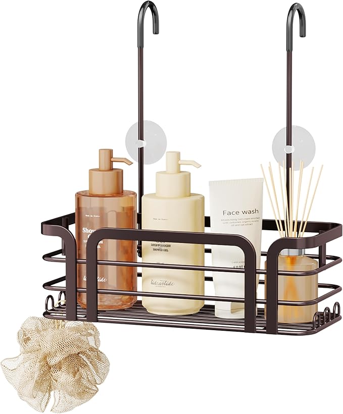 SWTYMIKI Shower Caddy Hanging Organizer - Over the Door Shower Caddy with 6 Hooks, 2 Installation Ways, Stainless Steel Rustproof Bathroom Organizer, Bronze
