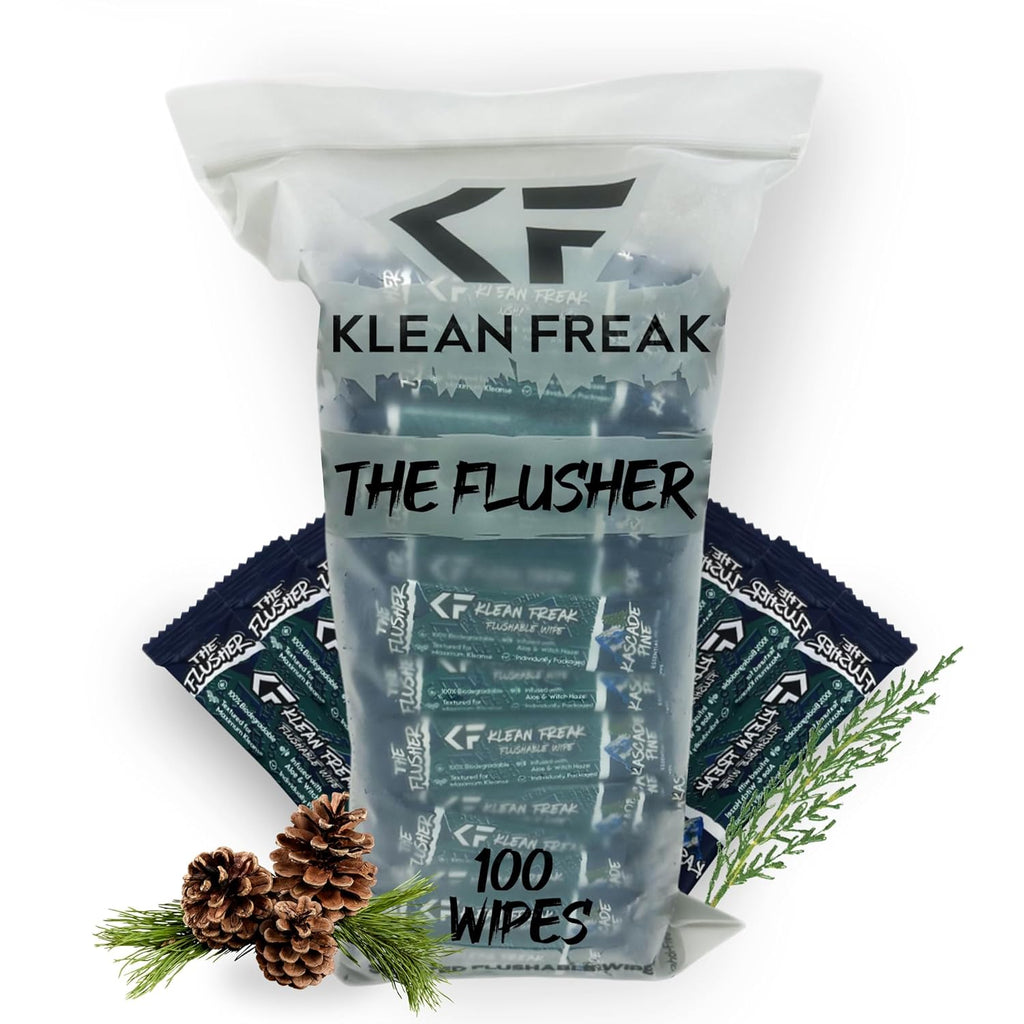 THE KLEAN FREAK FLUSHER - 100 Pack Wipes For Adults & Kids Unscented/Scented - 100% BIODEGRADABLE Individual Wrapped Travel WET Wipe for Toilet - Kascade Pine