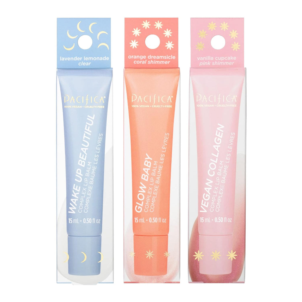 Pacifica Hydrating Lip Balm Gift Set – Flavored Lip Balm Glow Baby Tangerine, Wake Up Beautiful Lavender Lemon & Vegan Collagen Vanilla Trio, 3-Pack