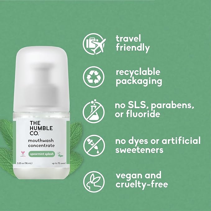 The Humble Co Mouthwash Concentrate for Bad Breath - Fluoride Free Natural Mouth Wash Rinse for Fresh Breath, Gum Health & Travel Size Dental Care & Oral Hygiene Products - Spearmint