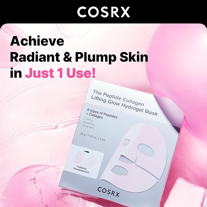COSRX Pink Peptides Collagen Lifting Glow Hydrogel Face Masks Skincare 3 EA, Collagen Face Mask, Travel Essentials, Overnight Face Mask, Korean SkinCare, Stocking stuffers for women