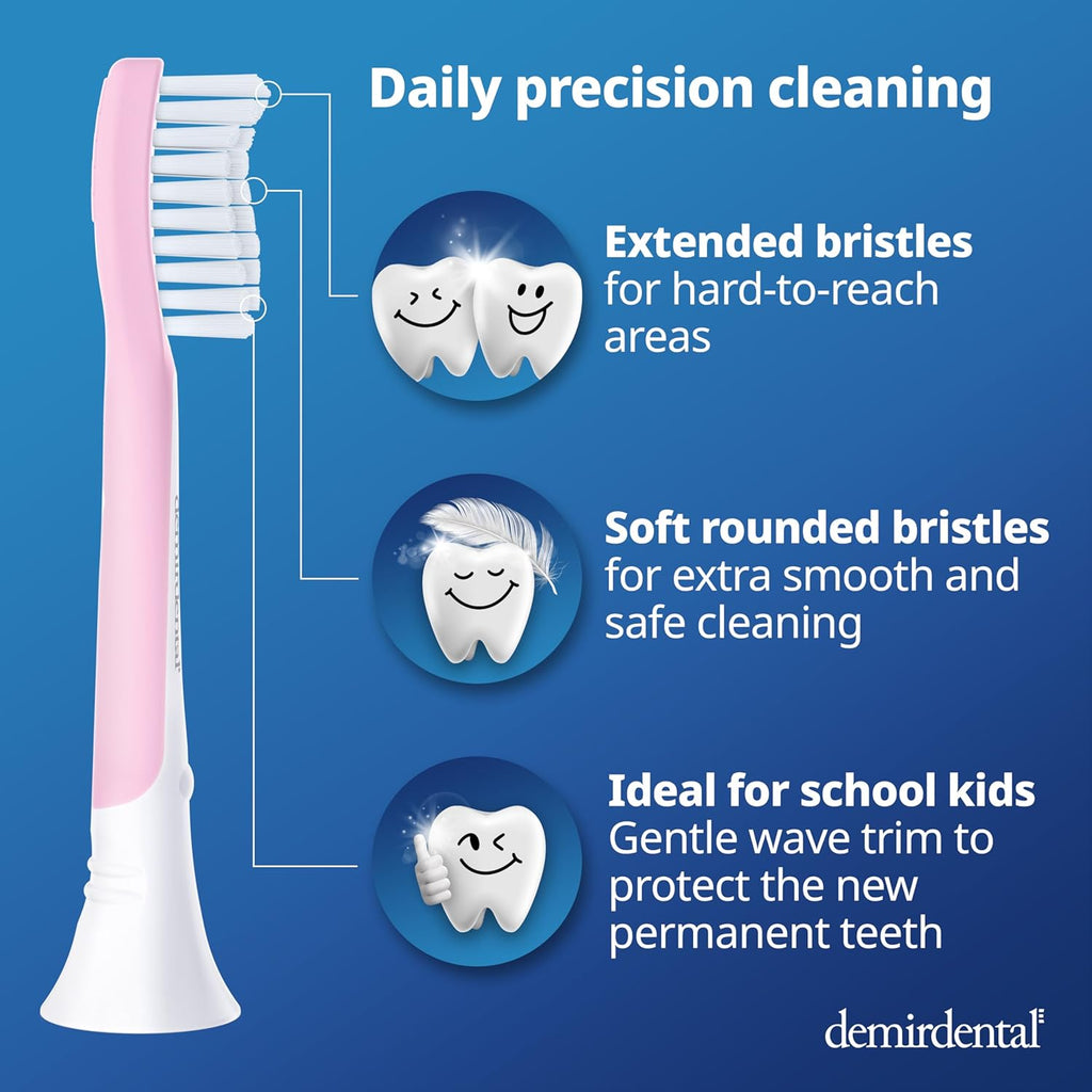 demirdental Kids Toothbrush Heads Compatible with Philips Sonicare Kids Toothbrush Heads - Replacement Heads Sensitive - Brush Heads from Ages 7 to 10 - Pink - Replaces HX6048-8 Pack
