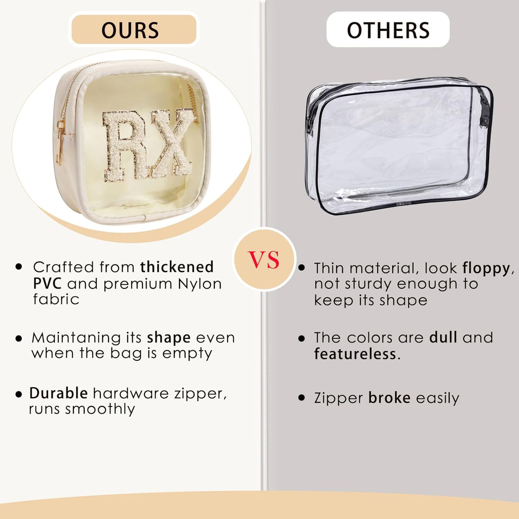 Small Chenille Letter Clear Medicine Makeup Bags,Nylon PVC Waterproof Rx Pouch with Metal Zipper, Cute Drug First Aid Travel Organizer for Women Girls(06Beige)