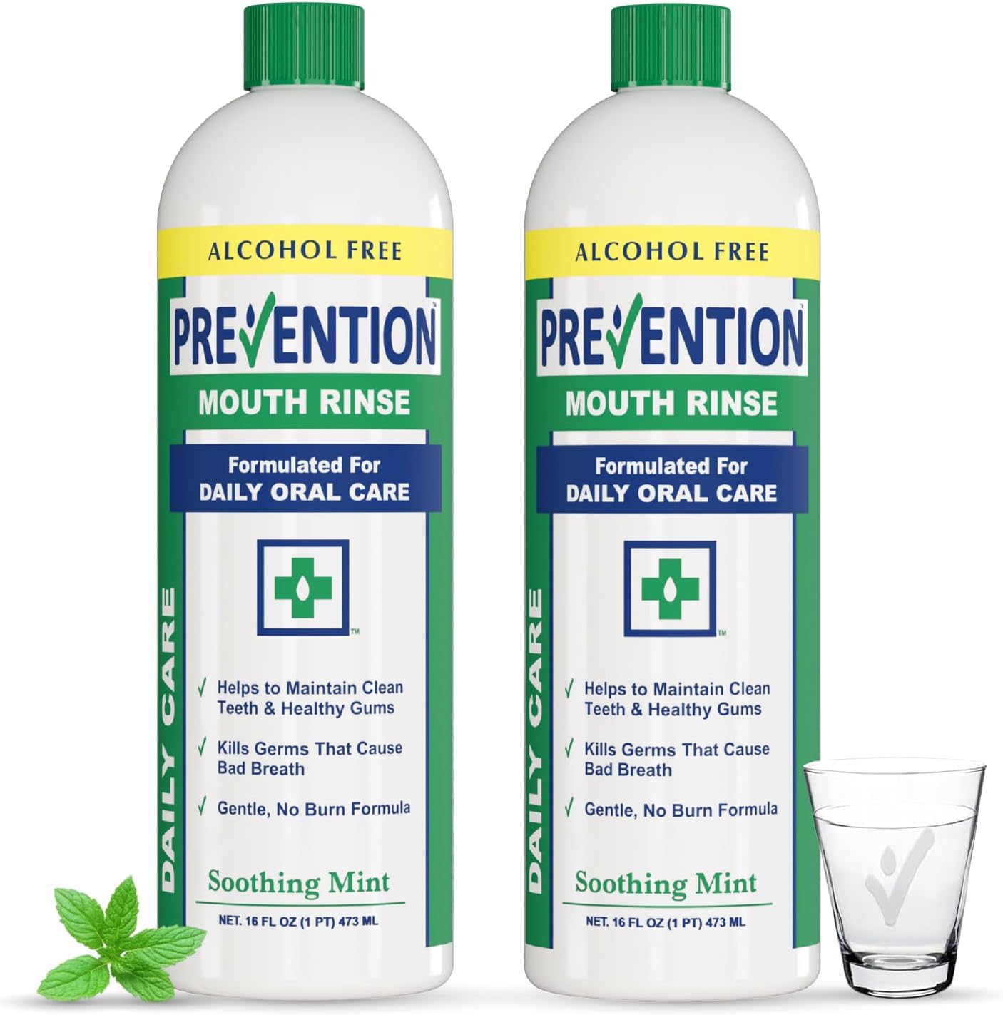Prevention Daily Care Alcohol-Free Mouthwash, Hydrogen Peroxide Teeth Whitening with Soothing Fresh Mint for Bad Breath Treatment, Fluoride-Free Gum Care Oral Mouth Rinse 16 oz 2 Pack