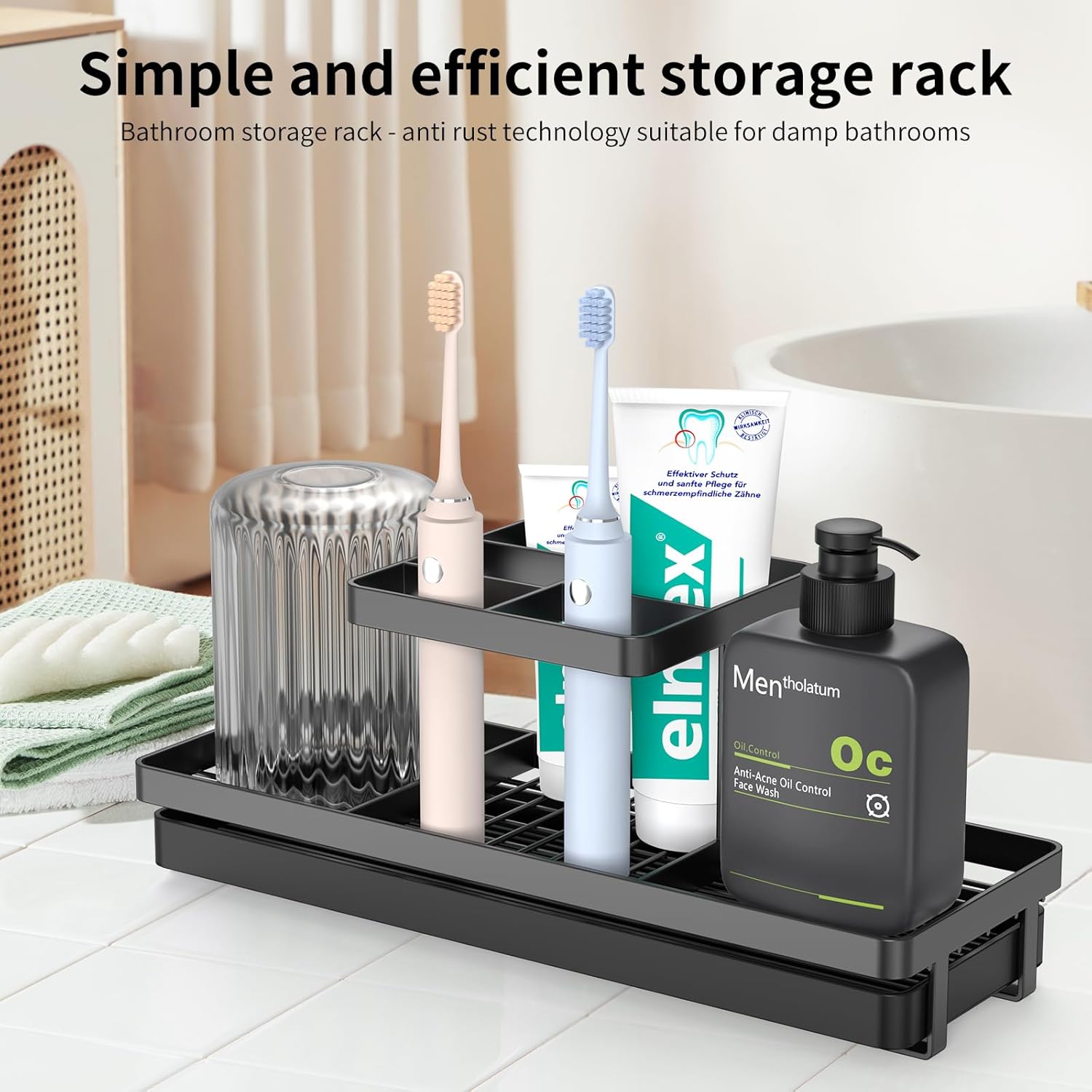 Toothbrush Holders for Bathrooms, 5 Slots Carbon Steel Tooth Brushing Holder Electric Toothbrush and Toothpaste Organizer Bathroom Accessories for Countertop, Shower, Black