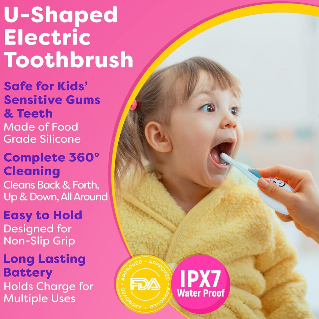 Trueocity Kids U Shape Toothbrush Auto Electric Toddler Rechargeable Kids Automatic Toothbrush | 360° U-Shaped Silicone Brush Head | Gentle Cleaning for Ages 2–7 | Unicorn Design (Pink)