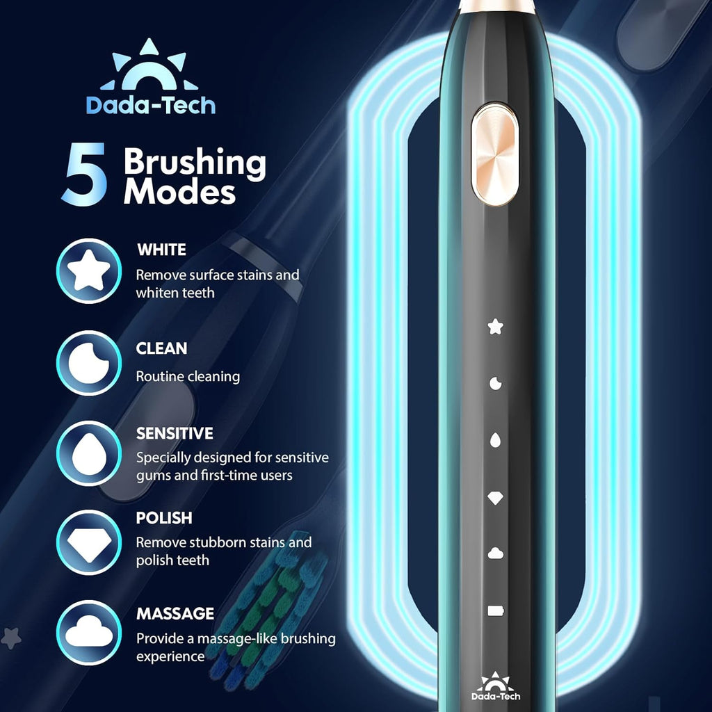 DADA-TECH Ultrasonic Toothbrush for Adults Sonic Toothbrush, 9 Brush Heads, 5 Cleaning Modes, 4-Hour Charge Lasts 60 Days Electric Toothbrush (Black)