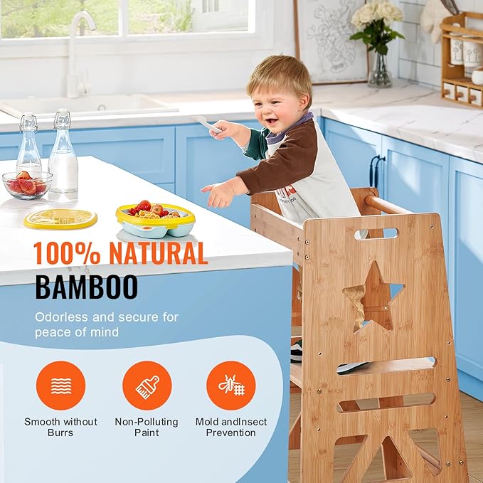 VEVOR Tower Step Stool, 3-Level Height Adjustable Toddler Step Stools for Kids, Bamboo Kitchen Stool, Kids Standing Tower Learning Stool with Safety Rail for Kitchen Counter Bathroom, 350LBS