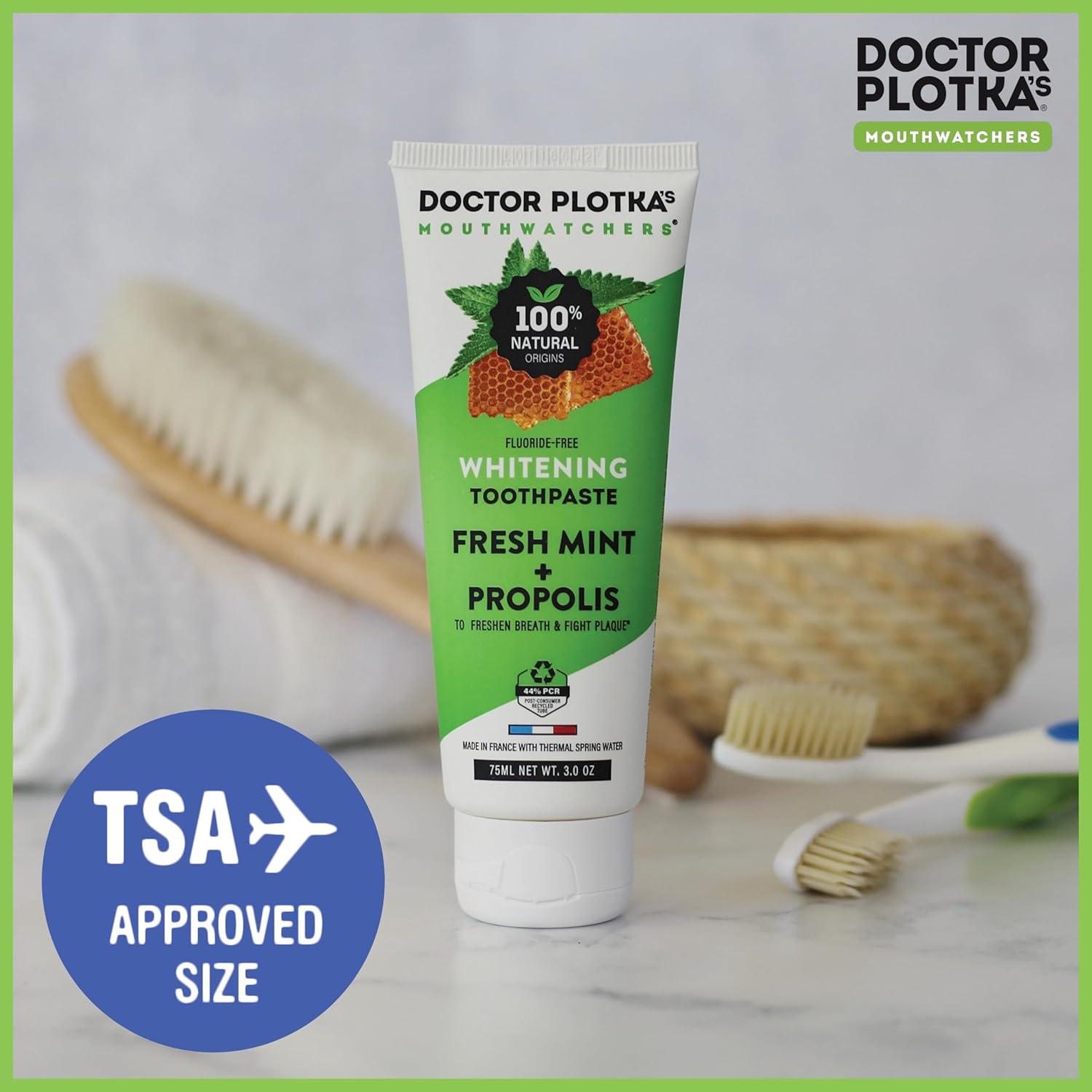 MOUTHWATCHERS Whitening Fluoride Free Naturally Sourced Toothpaste, 4 Tubes, 3 oz Each, for Sensitive Teeth and Gums, Organic, SLS Free, Fresh Organic Mint and Propolis, by Dr. Plotka's