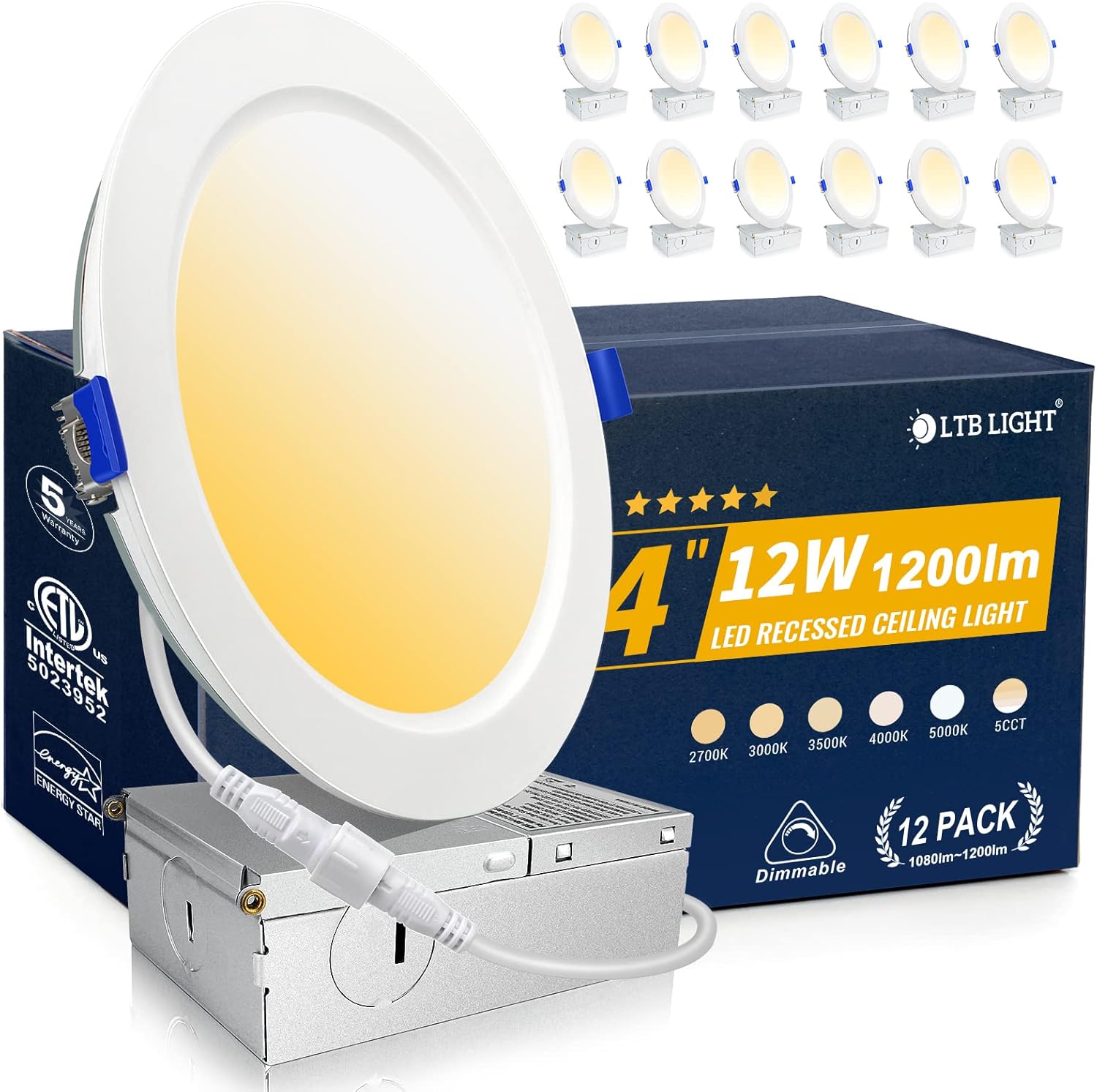 12 Pack Recessed Lighting 4 inch, 3000K Ultra-Thin LED Canless Recessed Lighting, Retrofit Dimmable Recessed Lights, 1200LM 12W=150W Wafer Lights - ETL & Energy Star Certified