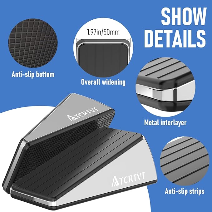 Heavy Duty Door Stopper Wedge - 2 Pack Widened Door Stop Wedge Made of Premium Quality Brushed Stainless Steel Suits Any Door, Any Floor with Set of 2 Plus Self-Adhesive Holder