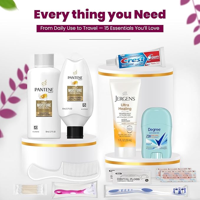 Trektote Bulk Hygiene Kit For Women – (100 Pack) 15 Piece Set – Featuring Top Trusted Brands, TSA Compliant, Bulk Travel Essentials, Includes Shampoo And Conditioner, Body Wash, Toiletry Bag & More