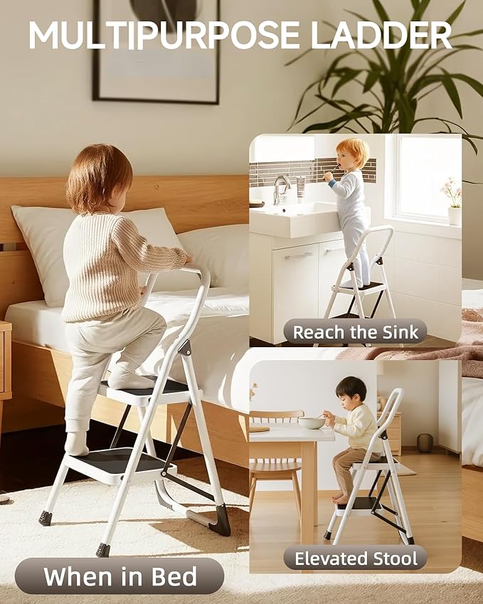 2 Step Stool, Folding Step Ladder with Wide Anti-Slip Pedal & Safety Lock, Step Stool for Kitchen, Bathroom, Office, 300lbs Capacity