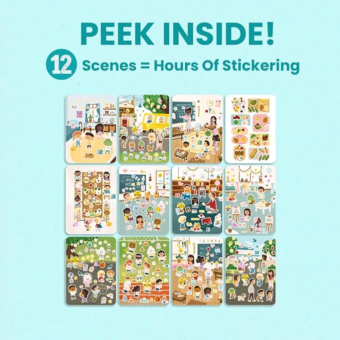 CUPKIN Sticker Book for Kids 2-4, 500+ Kids Stickers, Let's Go to School 12 Coloring Pages 12 Side by Side Scenes, Fun Toddler Travel Activity Coloring and Sticker Books for Ages 4-8 + 8-10