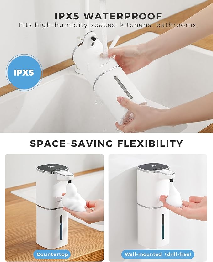 2 Pack Automatic Foaming Soap Dispenser, 400ml//13.53oz Rechargeable, Adjustable Foam Levels, IPX5 Waterproof, Touchless & Wall/Tabletop Use for Kitchen Bathroom, White