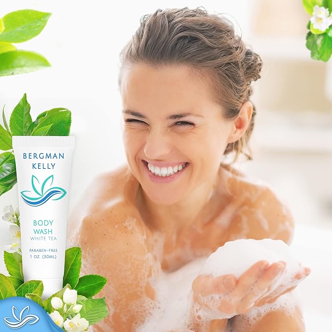 BERGMAN KELLY Travel Size Body Wash (1 fl oz, 50 PK, White Tea), Delight Your Guests with a Revitalizing and Refreshing Hotel Body Wash, Quality Mini and Small Size Guest Hotel Toiletries in Bulk