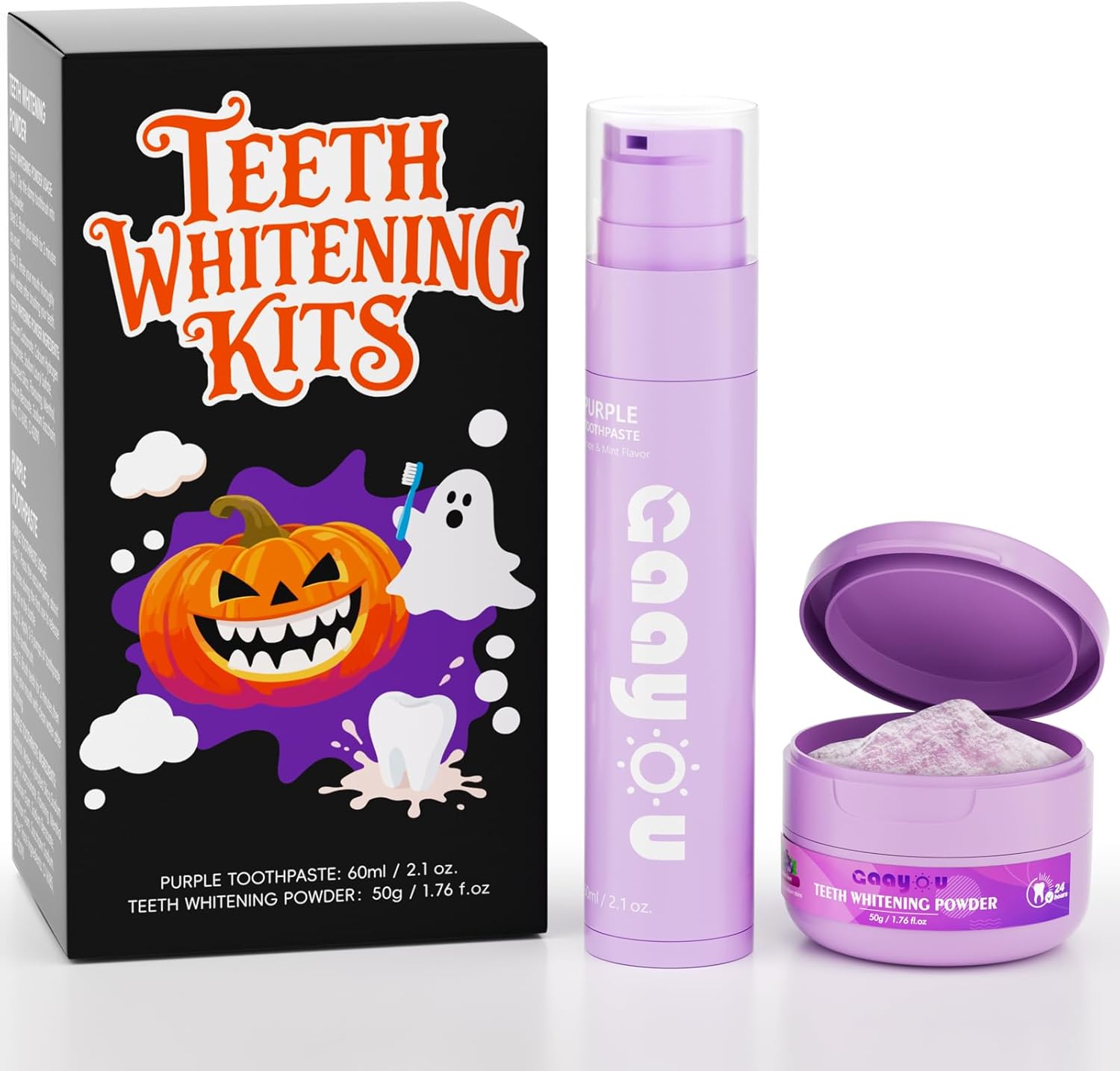 Teeth Whitening Powder Purple Teeth Whitening Kits Natural Tooth Powder Halloween Theme Favors Gifts Set Powder Toothpaste for Men Women Tooth Stain Removal