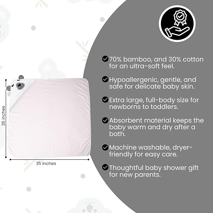 Premium Hooded Towel - 500GSM Viscose derived from Bamboo Cotton Baby Towels - Ultra Soft & Absorbent, Extra Large 35” x 35”, Hypoallergenic, Machine Washable Toddler Towel - Bear