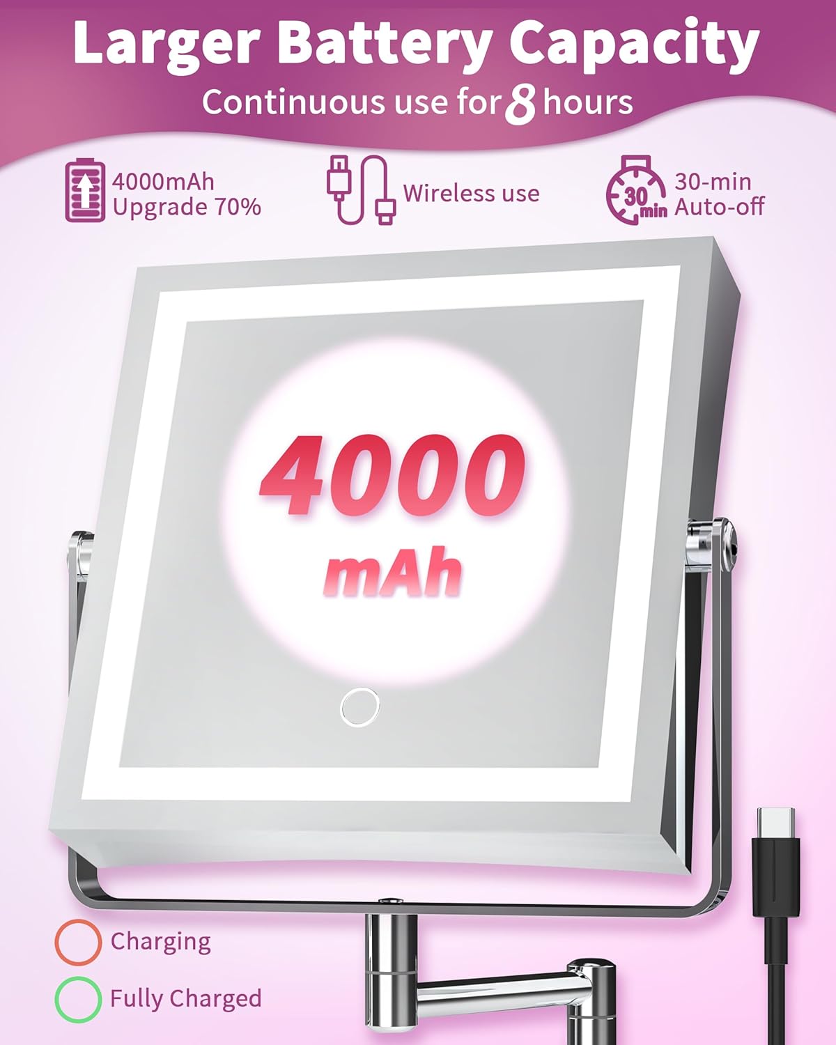 Rechargeable Wall Mounted Makeup Mirror with Lights, 4000mAh Double Sided 1X/10X Magnifying Vanity Mirror with 3 Color Lights, Touch Dimmable, 360° Extension Foldable Arm (Chrome)