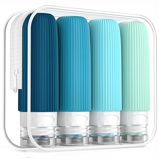 Travel Bottles for Toiletries, Tsa Approved 3oz Portable Travel Bottles, BPA Free Leak Proof Squeezable Silicone Travel Size Containers, Travel Accessories with Clear Toiletry Bag (4 Pack)