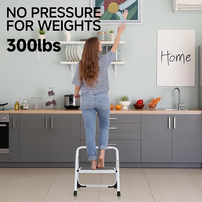 1-Step Ladder Folding Step Stool with Anti-Slip Sturdy and Wide Pedal Stepladder Multi-Use for Home and Kitchen Space Saving (White)